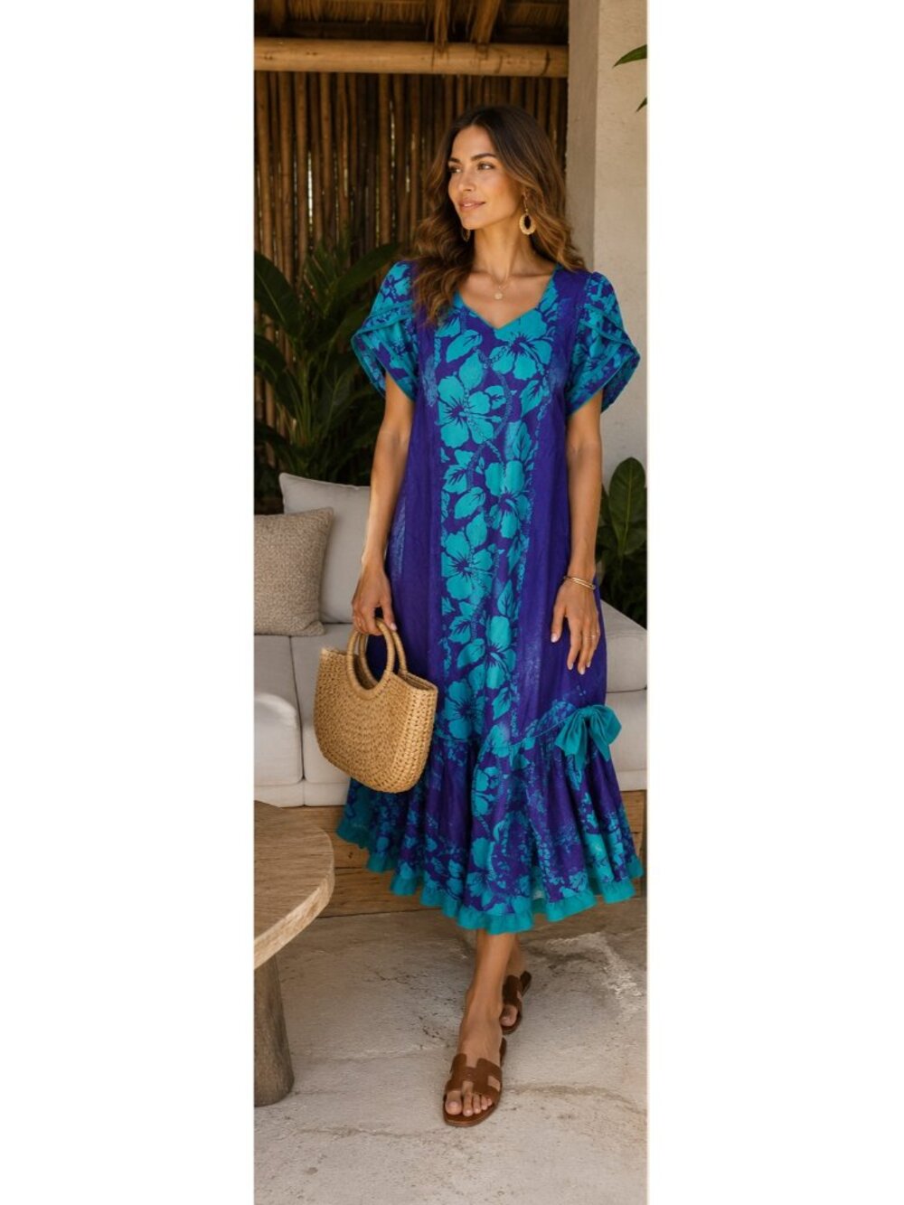 Vintage T&L Muumuu Factory Hawaii Dress Purple Teal Floral Cotton Ruffle Puff